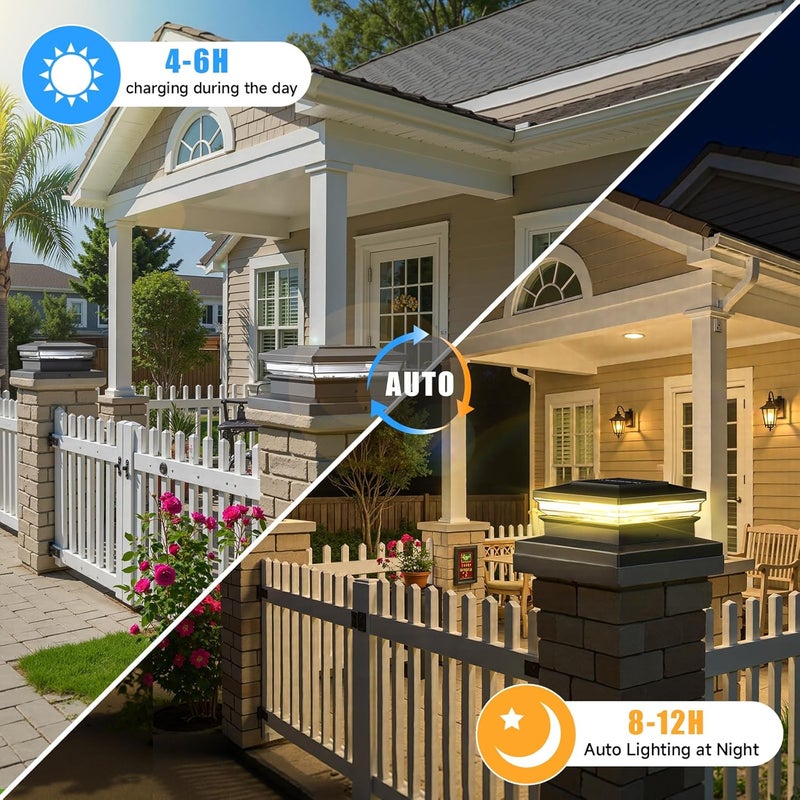 FEACORT Solar Post Cap Lights 12 Pack, Fence Post Solar Lights, Warm White/Cool White Lighting, Black Waterproof Outdoor Post Lights for Garden Patio Porch, 4x4, 5x5 or 6x6 Vinyl/Wooden Posts - Image 2